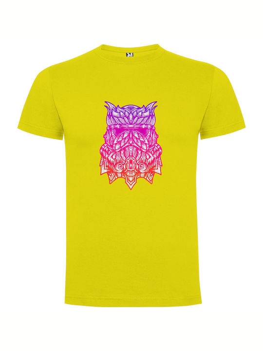 Neon Samurai Owl: Psychedelic Tricou Galben Bumbac