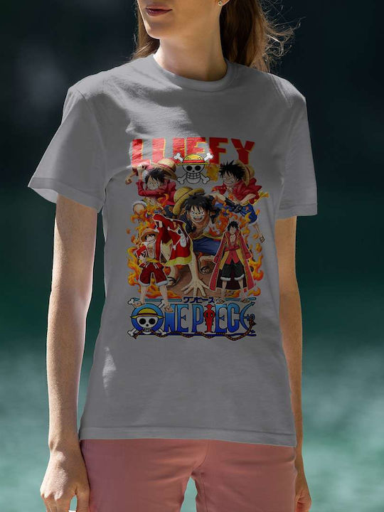 Luffy Poster T-shirt One Piece Γκρι Βαμβακερό