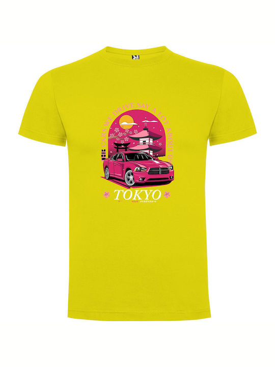 Tokyo Pink Pagoda Drift T-shirt Yellow Cotton