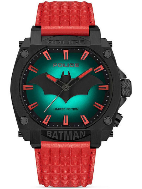Police Batman Men's Watch Battery with Red Leather Strap
