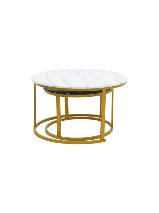 Round Coffee Table Relevon Wooden White Marble-Black Marble L80xW80xH45cm.