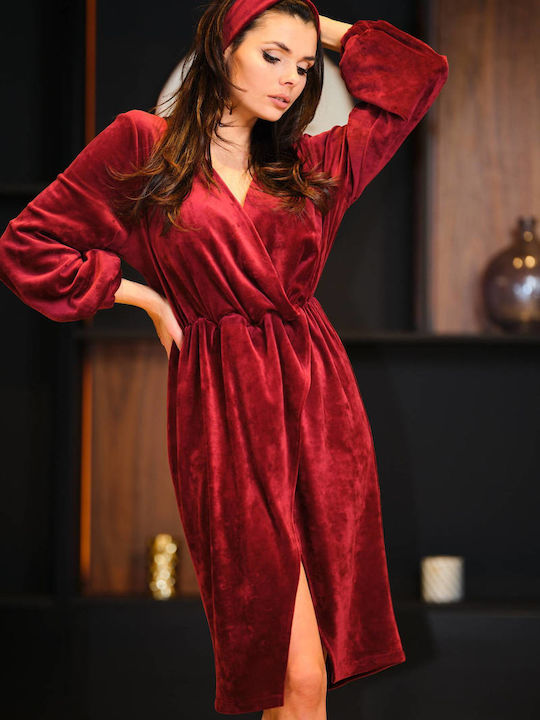 Awama Midi Rochie de Seară Catifea Înfășurați Burgundy A406_CLARET