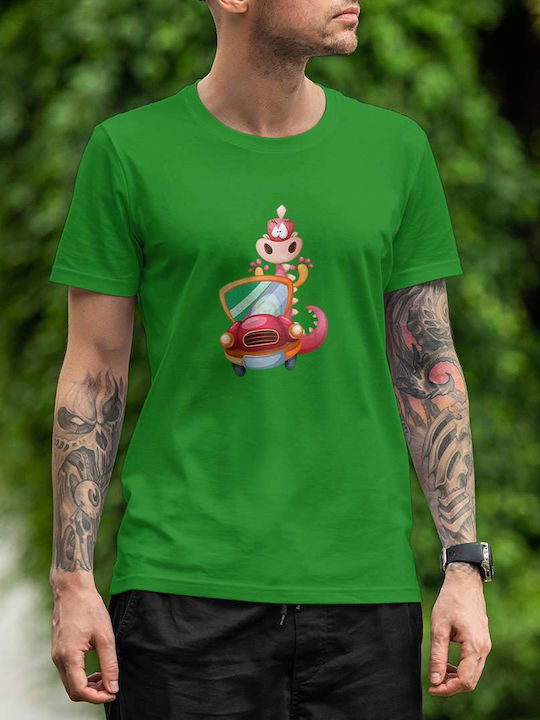 Cartoon Dinosaur Driving A Car T-shirt Green Cotton