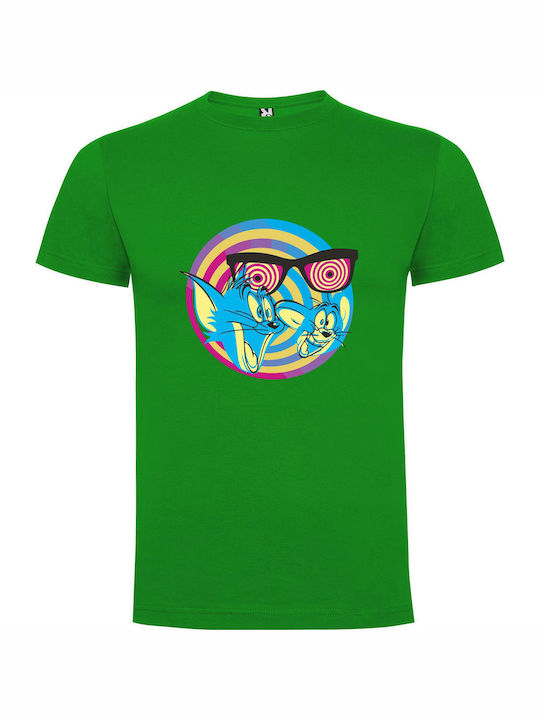 Whimsical Sunglass Felines T-shirt Green Cotton