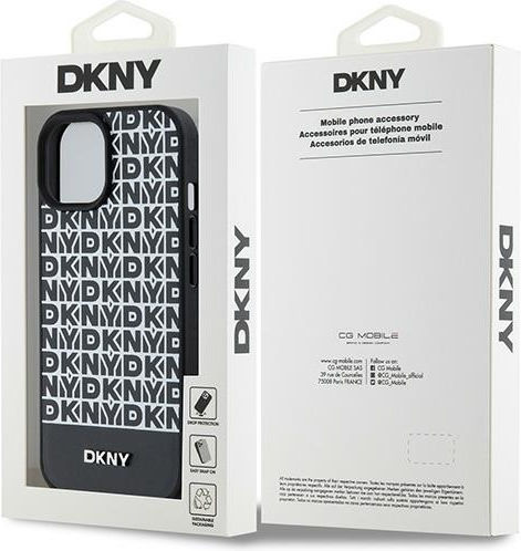 Dkny PU-Leder Hülle mit wiederholtem Muster und unterem Streifen für MagSafe iPhone 15 Schwarz