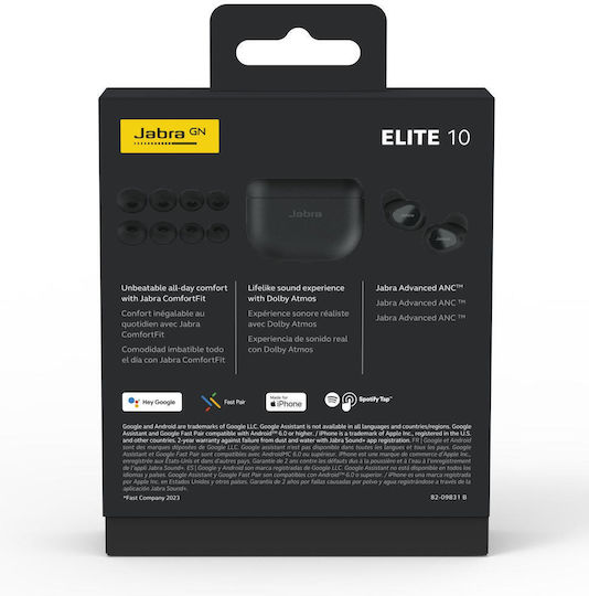Jabra Elite 10 In-ear Bluetooth Handsfree Ακουστικά με Αντοχή στον Ιδρώτα και Θήκη Φόρτισης Gloss Black