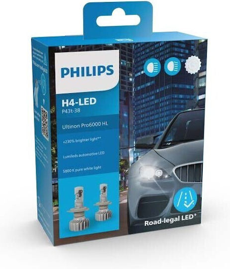 Philips Lamps Car Ultinon Pro6000 +230% H4 LED 5800K Cold White 12V 15W 2pcs