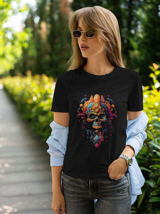 Psychedelic Skull Design T-shirt Μαύρο Βαμβακερό