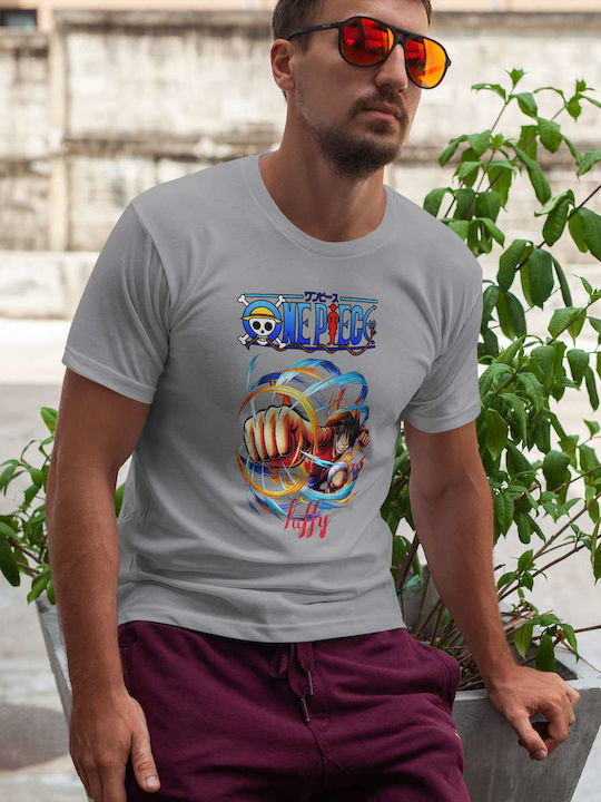 Luffy Poster T-shirt One Piece Γκρι Βαμβακερό