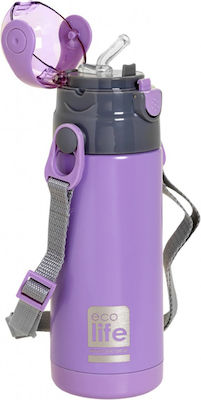 Ecolife Kids Water Bottle Thermos Stainless Steel with Straw Purple 400ml