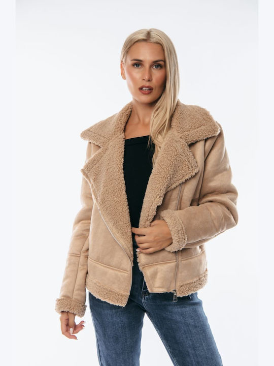 Dress Up Women's Short Lifestyle Mouton Jacket for Winter Beige