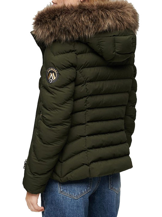 Superdry Ovin Fuji Κοντό Γυναικείο Puffer Μπουφάν για Χειμώνα Πράσινο