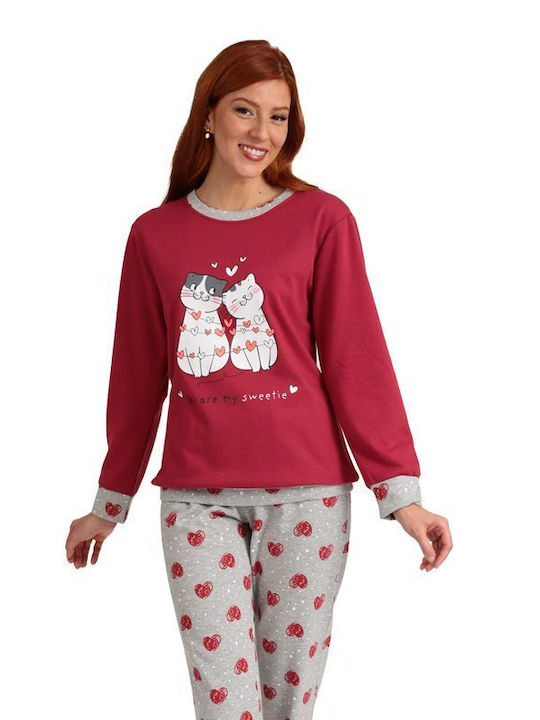 Lydia Creations Winter Women's Pyjama Set Grey-Red