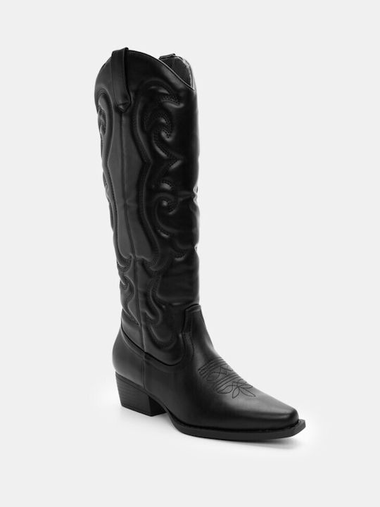 Luigi Synthetic Leather Medium Heel Cowboy Boots with Zipper & Fur Black