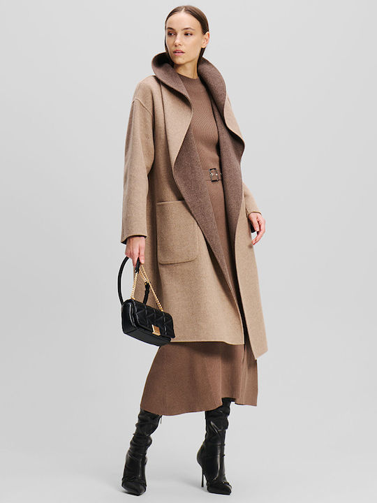 Karl Lagerfeld Women's Wool Midi Coat with Belt Beige-brown