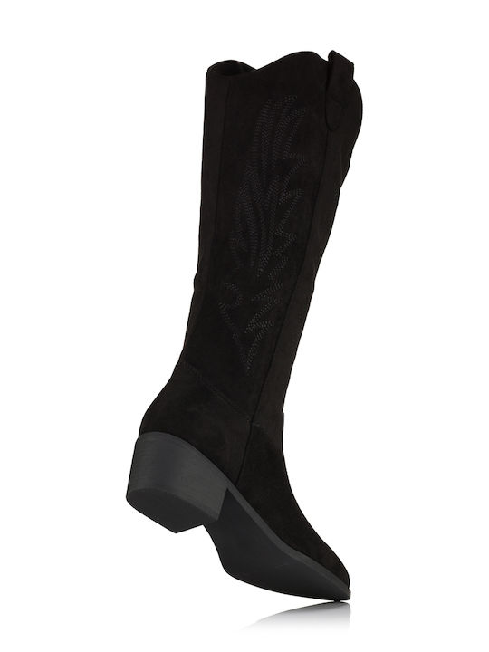 Suede Cowboy Boots with Zipper Black
