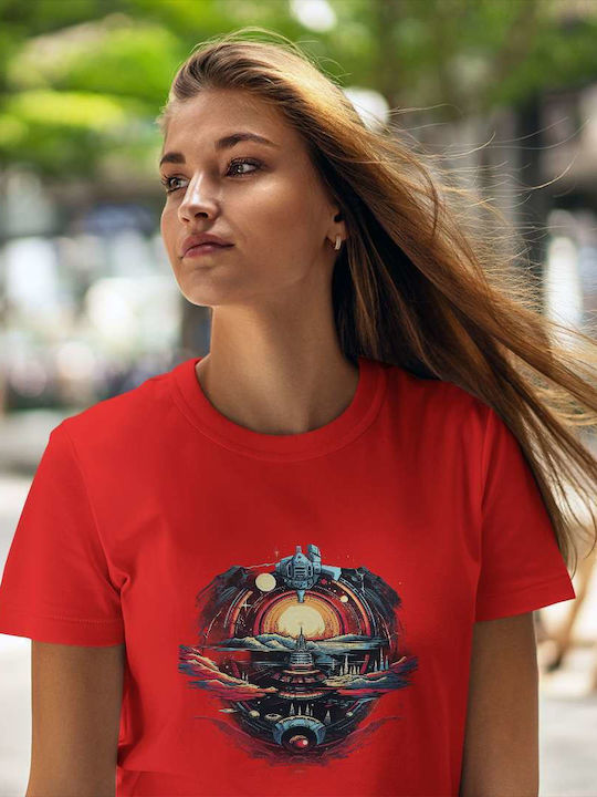 Futuristic Landscape With Space Elements T-shirt Red Cotton