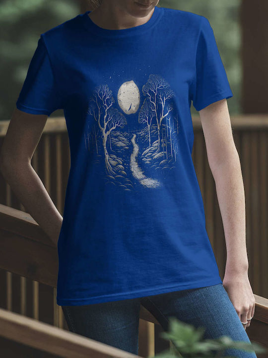 Moonlit Path In Enchanted Forest T-shirt Blau Baumwolle