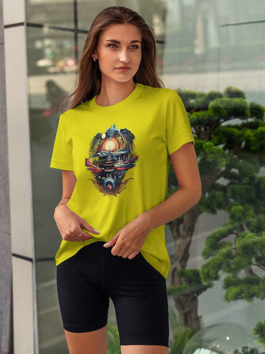 Futuristic Landscape With Space Elements T-shirt Yellow Cotton