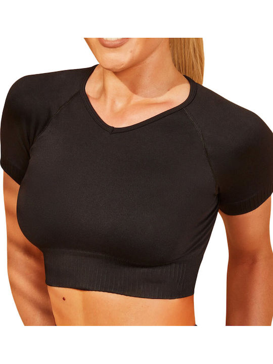 Melinda Γυναικείο Αθλητικό Crop Top Κοντομάνικο Μαύρο