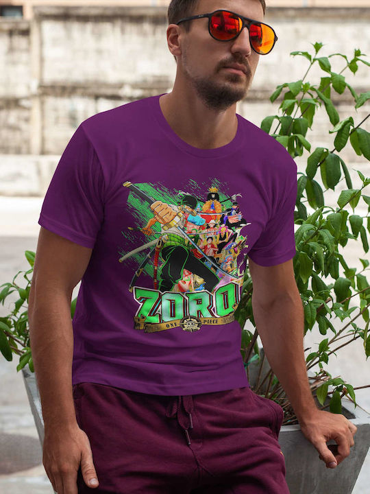 Zoro Crew T-shirt One Piece Μωβ Βαμβακερό