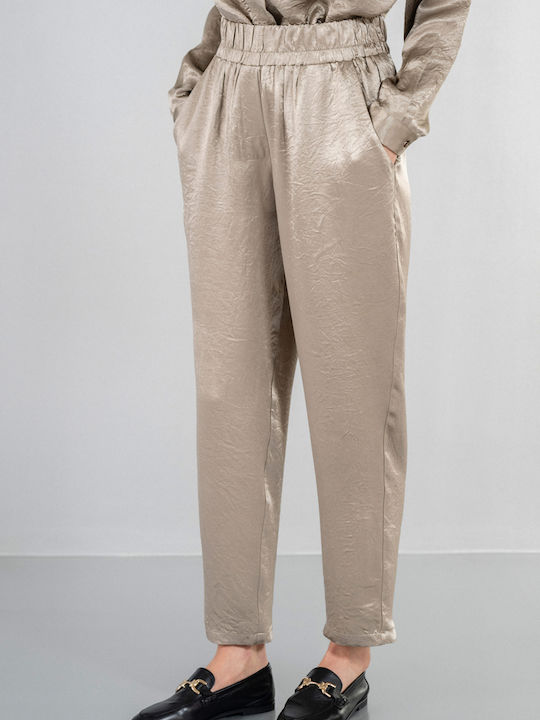 Philosophy Wear Women's Satin Trousers with Elastic in Straight Line Beige