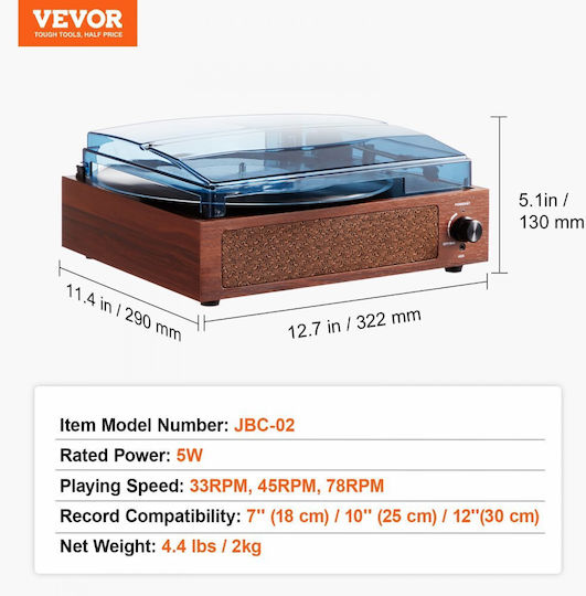 Vevor LSJ23S000000RDAI3V2 Грамофон с Предусилвател и Вградени говорители Кафяв