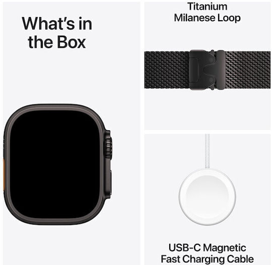 Apple Watch Ultra 2 Titanium 49mm Waterproof with eSIM and Heart Rate Monitor (Black with Black Titanium Milanese Loop - Small)