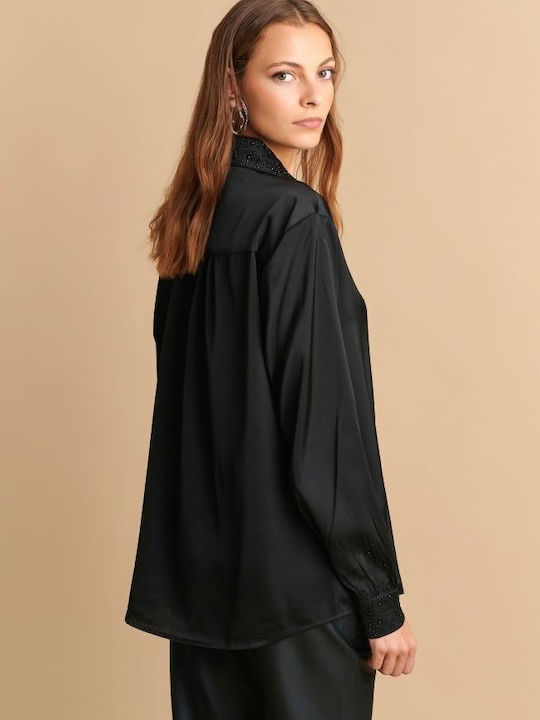 Attrattivo Women's Satin Long Sleeve Shirt Black