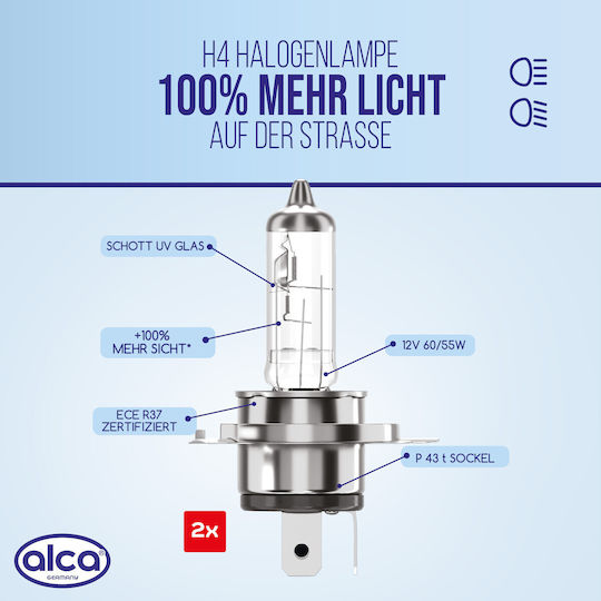 Bec Halogen Alca H4 100% Mai Multă Lumină Lampă Auto Sursă de Lumină Auto 12v 60w Bază P43t Pachet 2