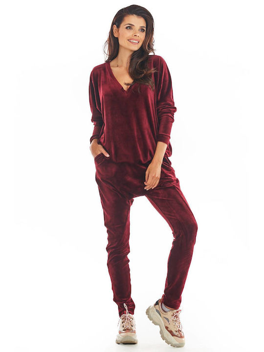 Awama Set Women's Sweatpants Burgundy Velvet