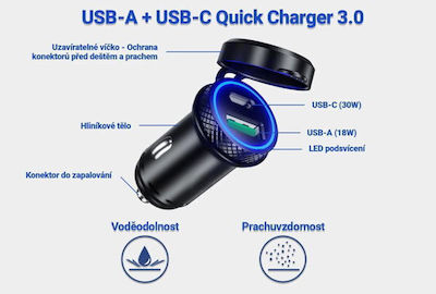 Încărcător Auto Sefis Z6 cu Porturi: 1xUSB 1xType-C