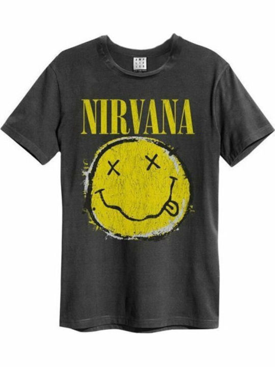 Amplified Worn Out Smiley T-shirt Nirvana Μαύρο Βαμβακερό Ανθρακί