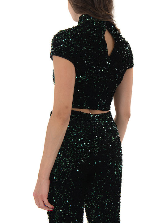 Damen Crop Top Samt Rollkragenpullover Kurzarm Black, Green, Forest Green