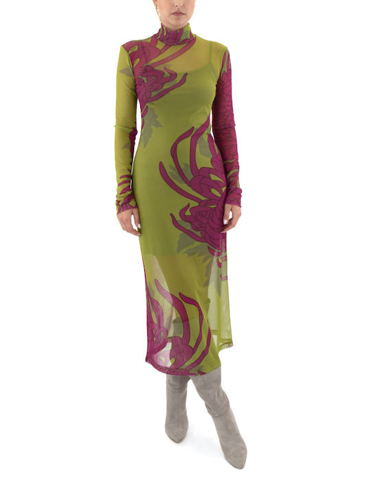 Moutaki Maxi Evening Dress with Sheer Green-Fuchsia