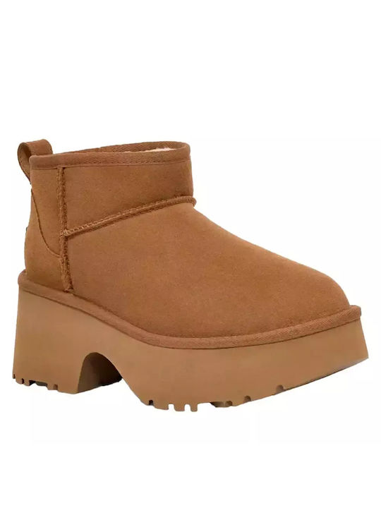 Ugg Australia Classic Ultra Mini Δερμάτινα Γυναικεία Μποτάκια Καφέ