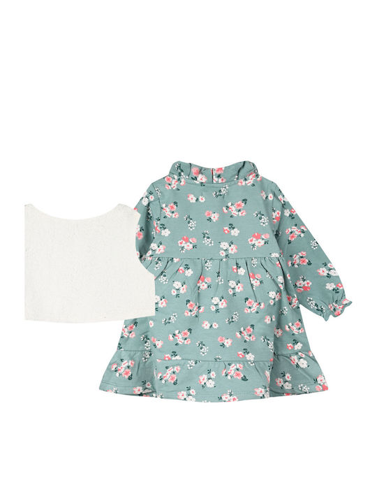 Kinderkleid Langärmelig Blumen Set aus 2 mit Mantel und Zubehör Mint