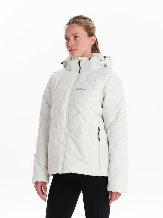 Emerson Women's Short Puffer Jacket for Spring or Autumn with Detachable Hood Off White, Ecru