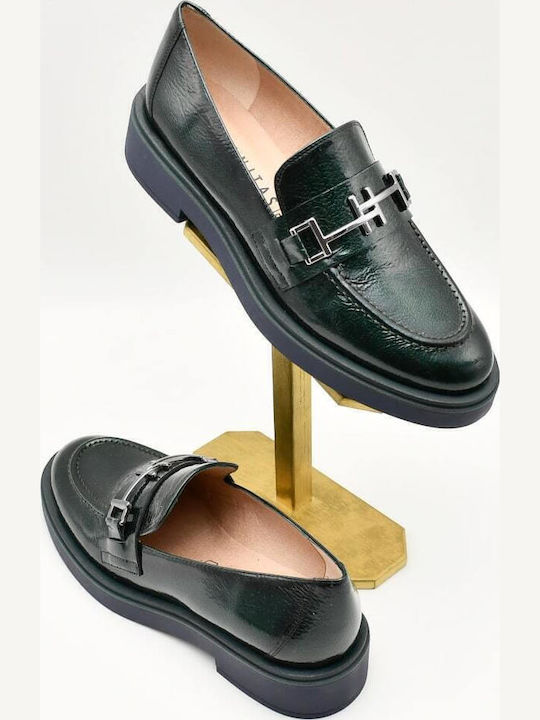 Leather Women's Loafers in Green Color