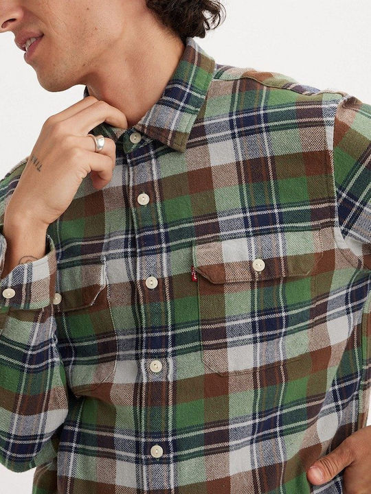 Jackson Worker Long Sleeve Flannel Overshirt In Wide Line Checked Multicolour