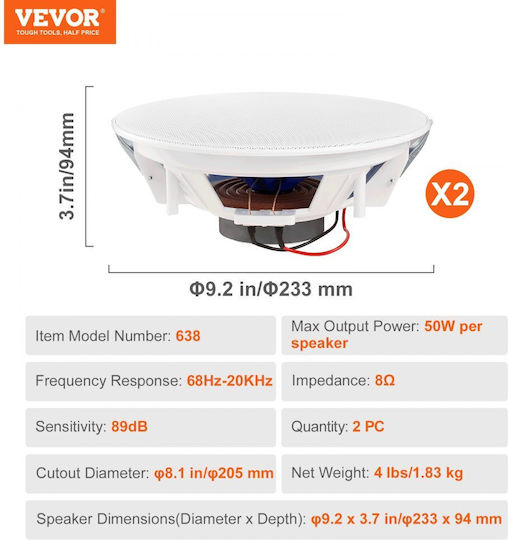Vevor Σετ Ηχεία Εγκαταστάσεων 50W με Bluetooth Λευκά