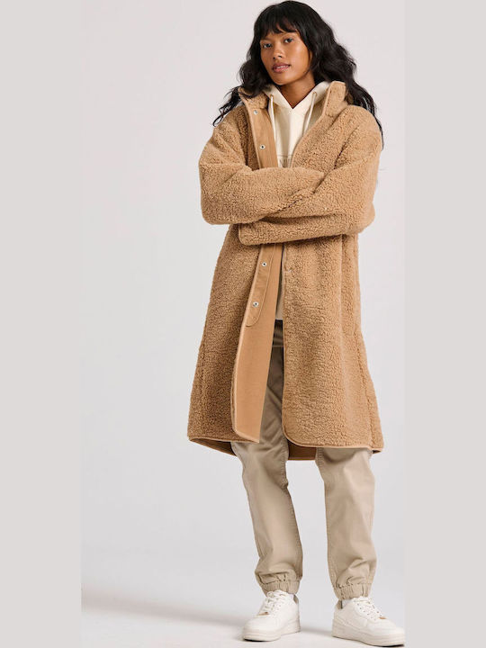 Γυναικείο Καφέ Παλτό Teddy Oversized με Γούνινες Λεπτομέρειες