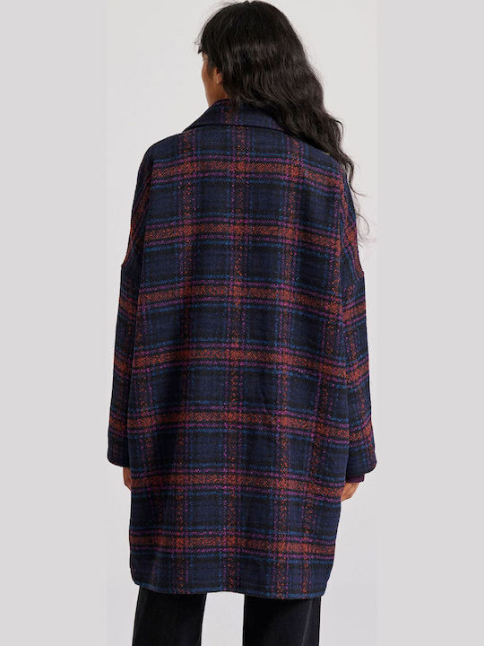 Wool Women's Checked Plaid Coat Oversized with Buttons