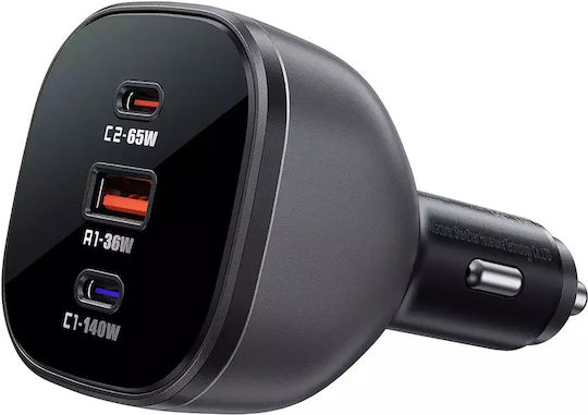 Acefast Car Charger Black Total Intensity 5A Fast Charging with Ports: 1xUSB 1xType-C 1xCigarette Lighter 1637320828