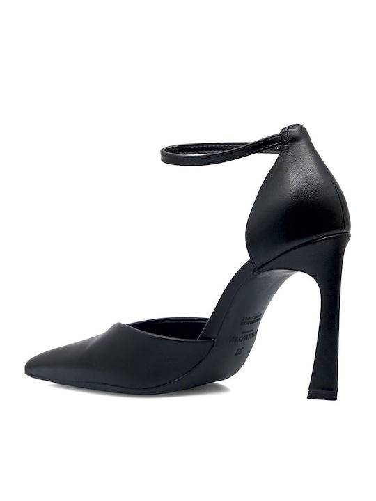 Synthetic Leather Black Heels with Strap
