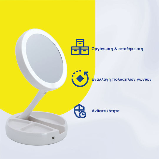 Oglindă de machiaj iluminată cu LED, rotundă, pe masă, cu spațiu de depozitare pentru cosmetice și bijuterii, albă, 15.5x15.5x28cm