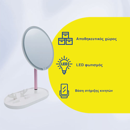 Tabletop LED Lighted Makeup Mirror Round with Phone Holder, Adjustable Mirror and Lighting Angle, USB Cable Connection 24x14x35cm