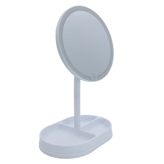 Tabletop Round LED Lighted Makeup Mirror with Jewelry Base, Skincare Products, Accessories, Adjustable Mirror and Lighting Angle, USB Cable, 21x14x32cm, White