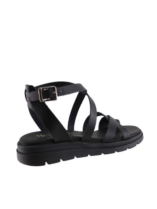 Stefania Leather Women's Flat Sandals Flatforms in Black Color