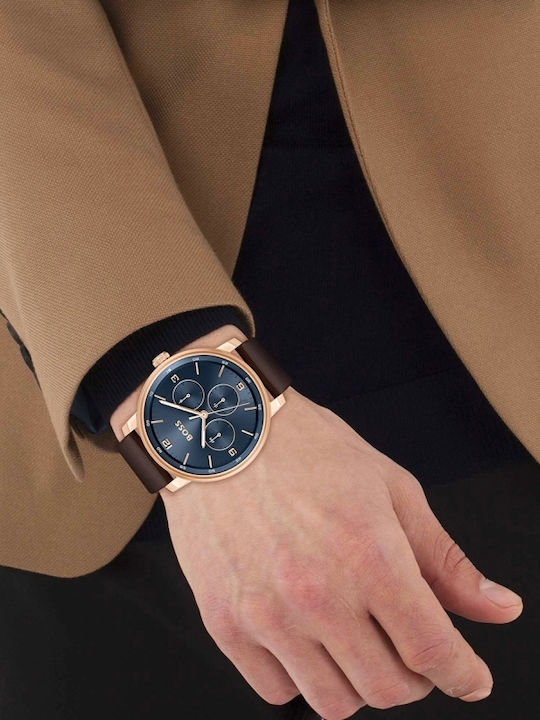 Boss Contender Ανδρικό Ρολόι 44mm Μπαταρίας με Καφέ Δερμάτινο Λουράκι
